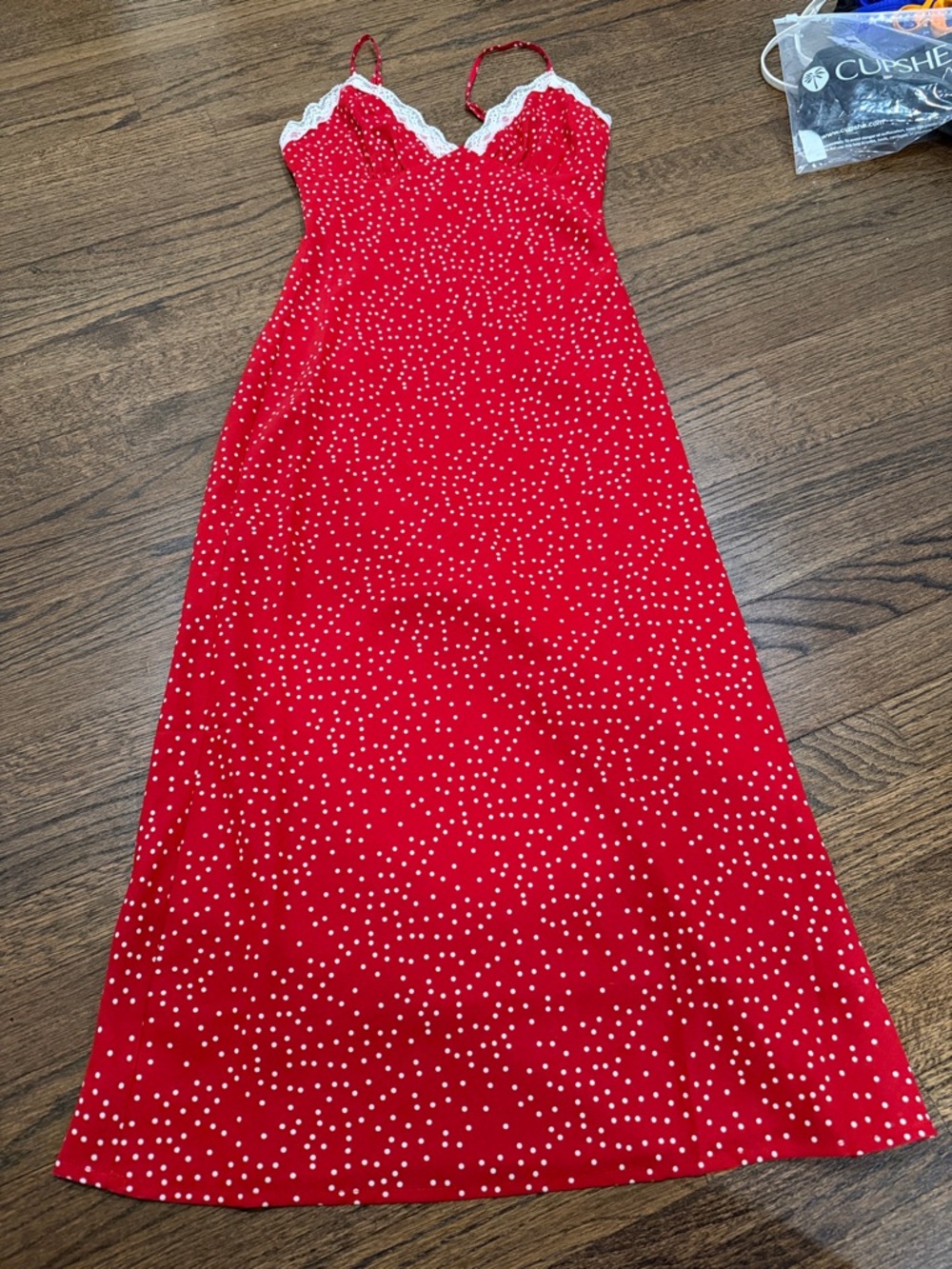 Vici Red Polka Dot Lace-Trim Maxi Slip Dress